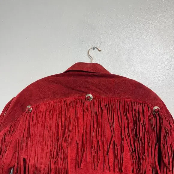 Outerbound by HMS Red Cropped Fringe Vintage Leather Jacket Sz M - Picture 12 of 16
